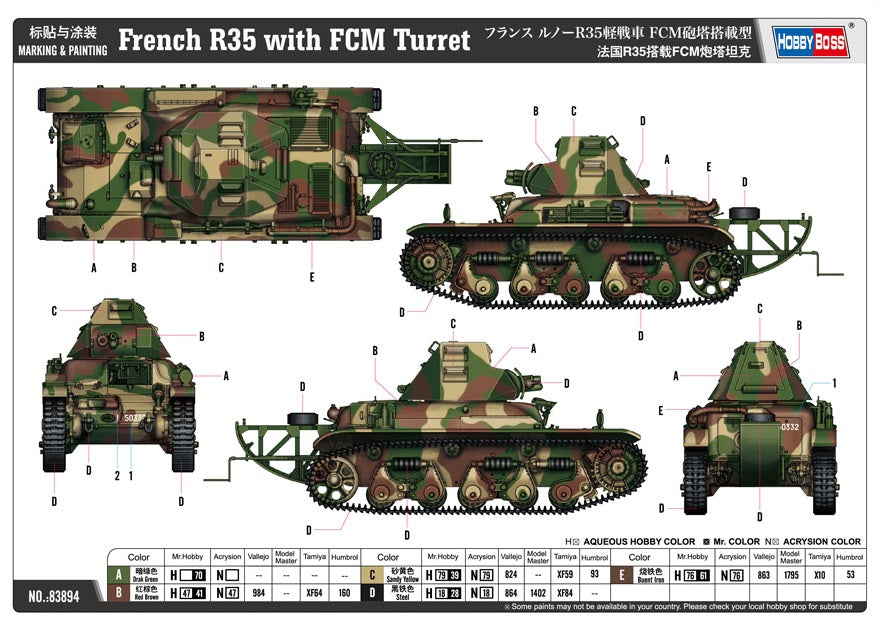 Hobby Boss 1/35 French R35 with FCM Turret Scale Model Hobby Boss