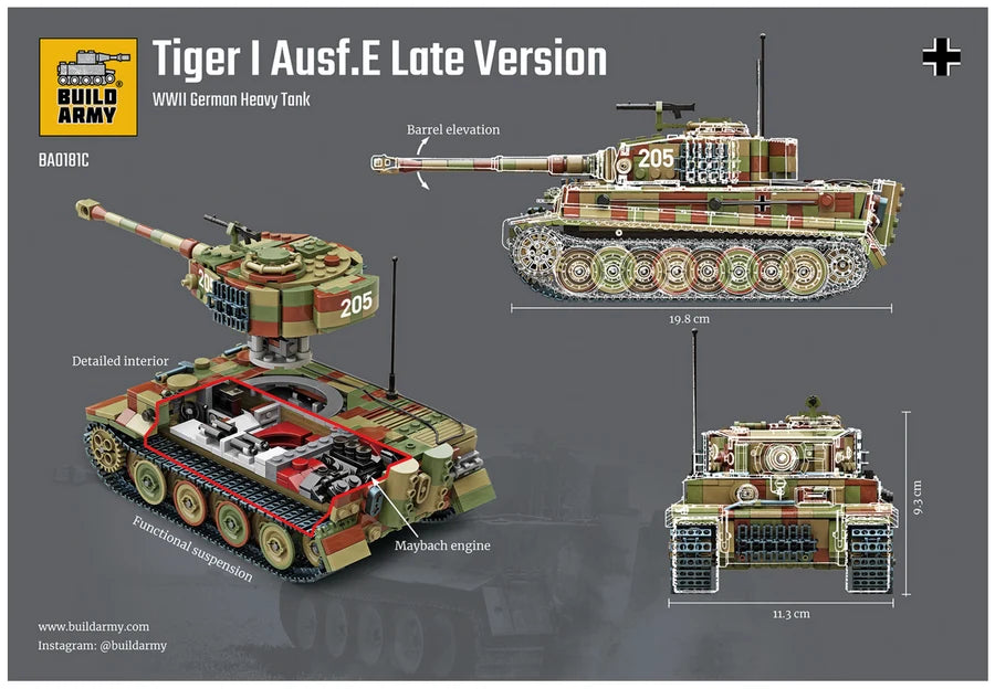 Build Army 1:33 Tiger 1 Ausf.E Later Version Camo (CHECK) Brick Model Kit Build Army