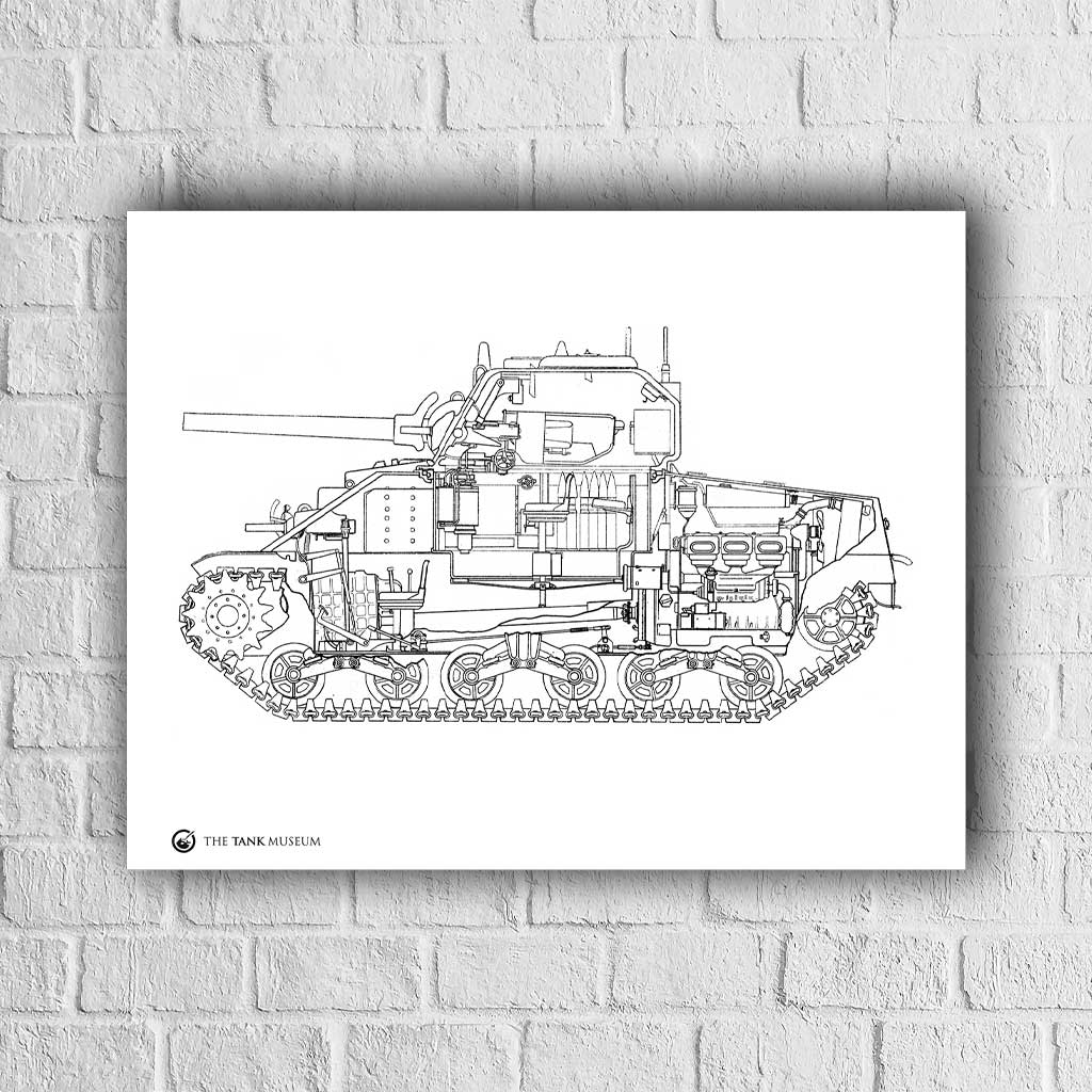 Art Print: M4A2 Sherman III Tank Cutaway Line Drawing Wall Art On Demand Star Editions 40X50cm No Frame