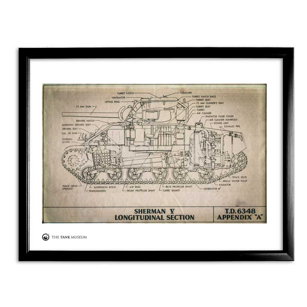 Art Print: M4A4 Sherman V Tank Blueprint Wall Art On Demand Star Editions 11x14" With Black Frame
