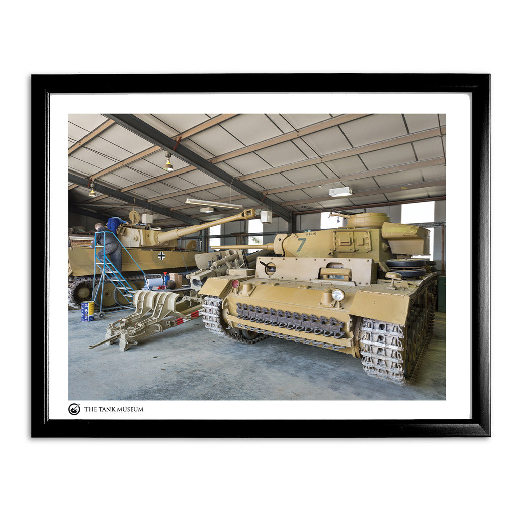 Art Print: Tiger and PzKpfw III Ausf.L Tanks in Workshop Wall Art On Demand Star Editions 11x14" With Black Frame