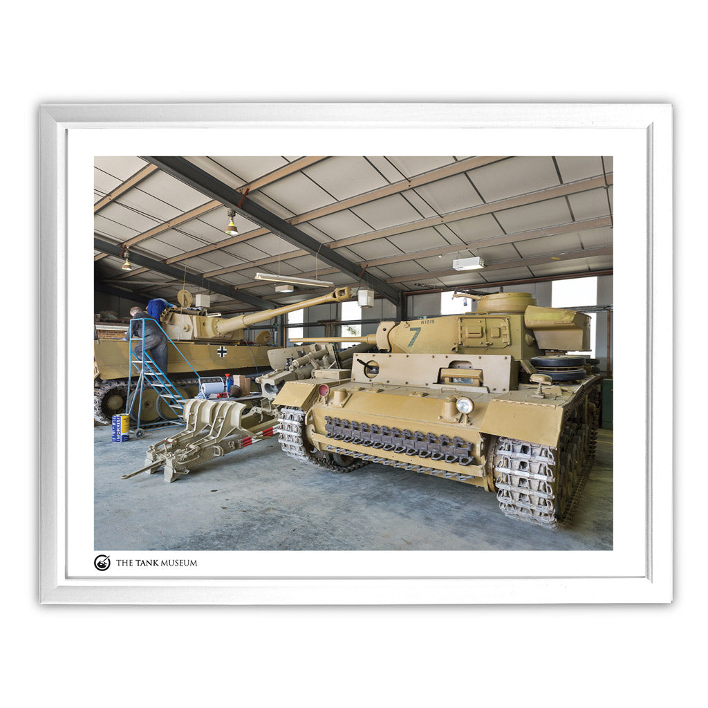 Art Print: Tiger and PzKpfw III Ausf.L Tanks in Workshop Wall Art On Demand Star Editions 11x14" With White Frame