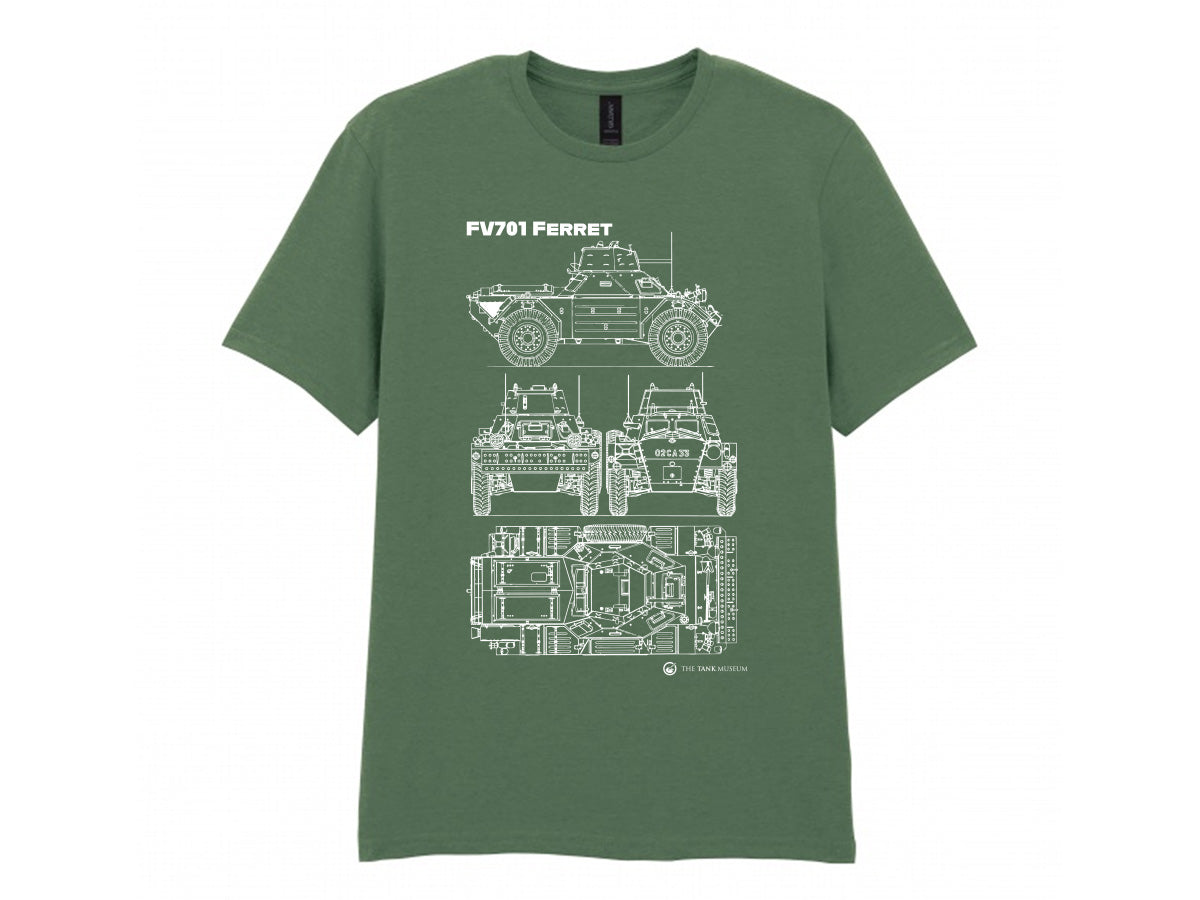 An olive green short-sleeve t-shirt featuring a white blueprint-style graphic of an armored vehicle with the text 'FV701 FERRRET' printed above it, displayed against a solid white background.