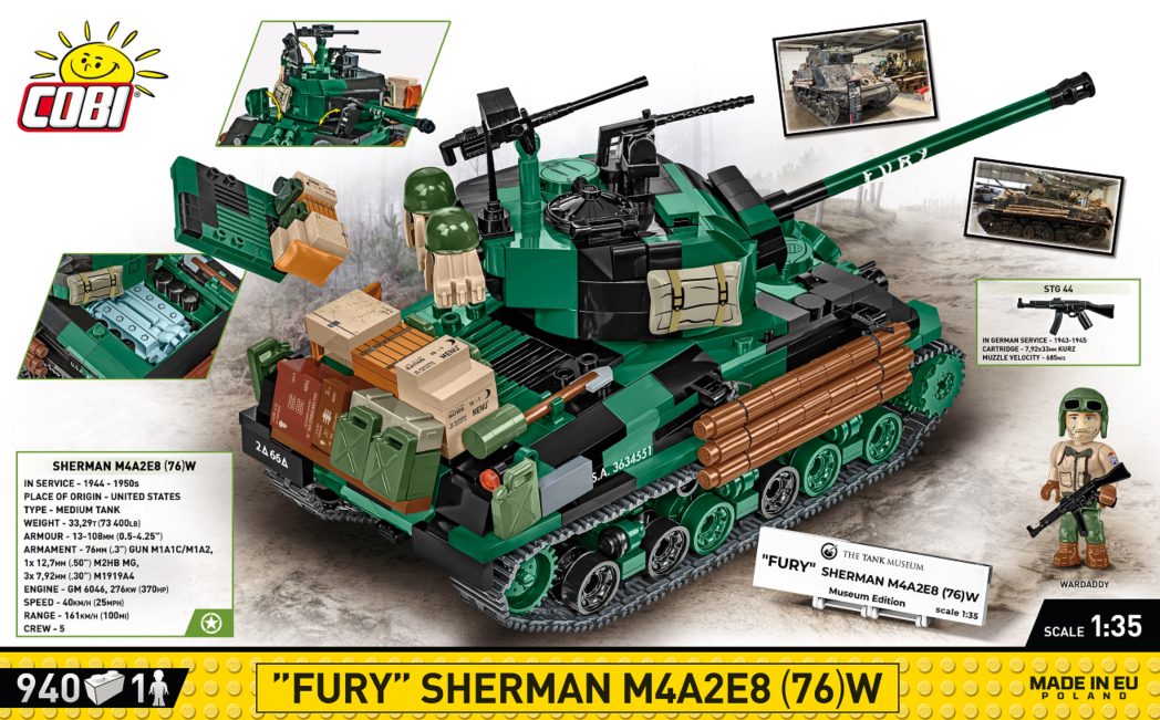 Cobi 1/35 Scale Sherman M4A2E8 (76) W "Fury" Tank Museum Exclusive Brick Model Kit Cobi