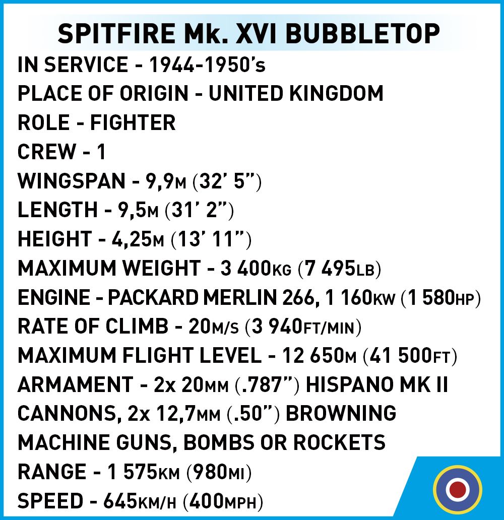 Cobi 1/48 Scale Spitfire Mk 16 Bubbletop Brick Model Kit Cobi