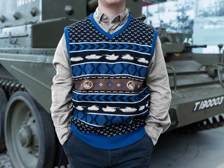 Blue and black knitted tank-themed sweater vest with tank silhouettes and various geometric patterns, featuring The Tank Museum's logo.
