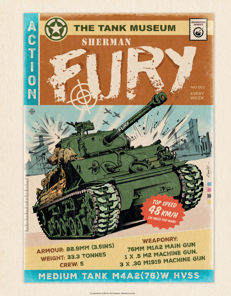 Sherman Fury Tank Comic Illustration Print