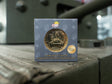 A gold medallion coin showcasing an outline of the King Tiger V2 Tank. The Medallion is in a grey box with the COBI & The Tank Museum Logo