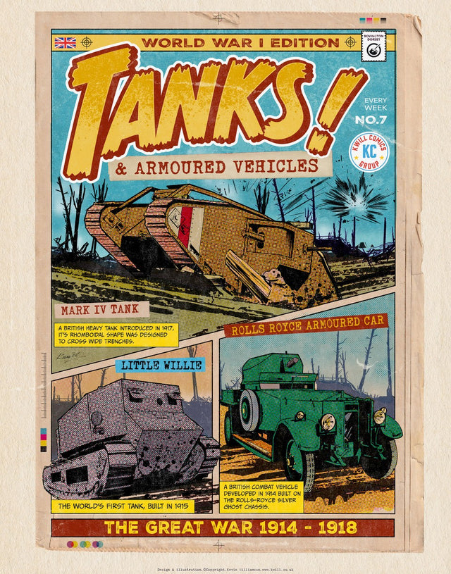 WW1 British Tanks Comic Illustration Print Wall Art Kevin Williamson