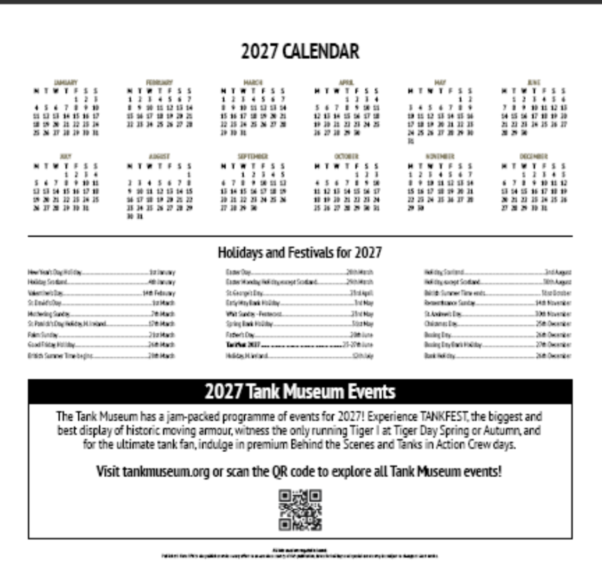 Tank Museum Calendar 2027 Wall Art Studio 27