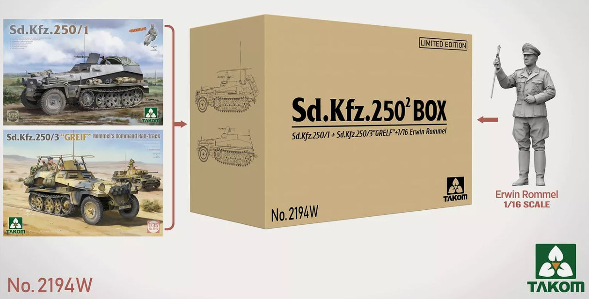 Takom 1/35 Sd.Kfz.250 Box Set (Sd.Kfz.250/1, Sd.Kfz.250/3 Greif & 1/16 Figure)