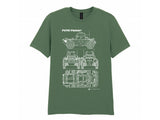 An olive green short-sleeve t-shirt featuring a white blueprint-style graphic of an armored vehicle with the text 'FV701 FERRRET' printed above it, displayed against a solid white background.