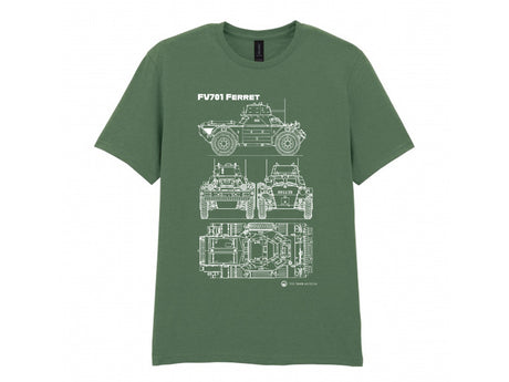 An olive green short-sleeve t-shirt featuring a white blueprint-style graphic of an armored vehicle with the text 'FV701 FERRRET' printed above it, displayed against a solid white background.