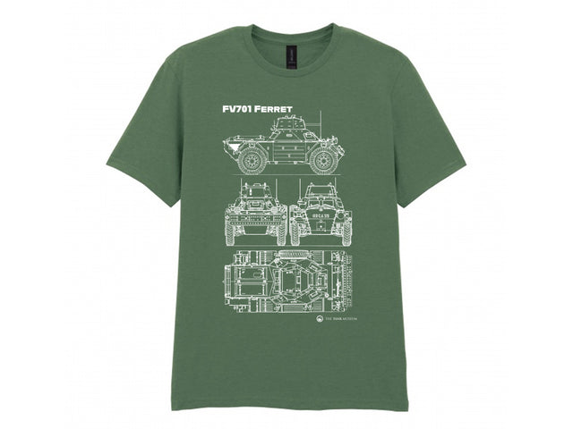 An olive green short-sleeve t-shirt featuring a white blueprint-style graphic of an armored vehicle with the text 'FV701 FERRRET' printed above it, displayed against a solid white background.