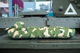 A long draught excluder shaped as a TOG II tank with a camouflage print.