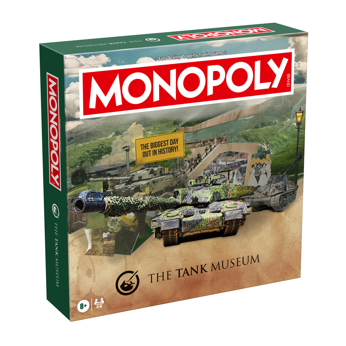 Monopoly: The Tank Museum board game box shown at a slight angle, featuring military tank artwork and the classic red Monopoly logo on a green and tan box design.
