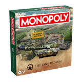 Monopoly: The Tank Museum board game box shown at a slight angle, featuring military tank artwork and the classic red Monopoly logo on a green and tan box design.